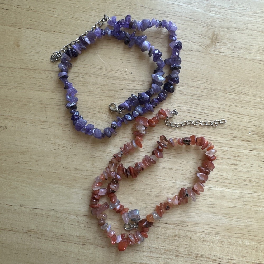 Artisan Gemstones Chip Bead Necklaces 18 Inch Multicolor Purple Orange Lot Of 2